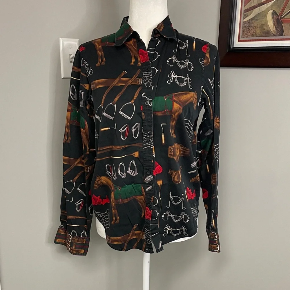 Ralph Lauren Equestrian Printed Button Down Shirt Medium Vintage Y2K Old Money - Picture 1 of 4